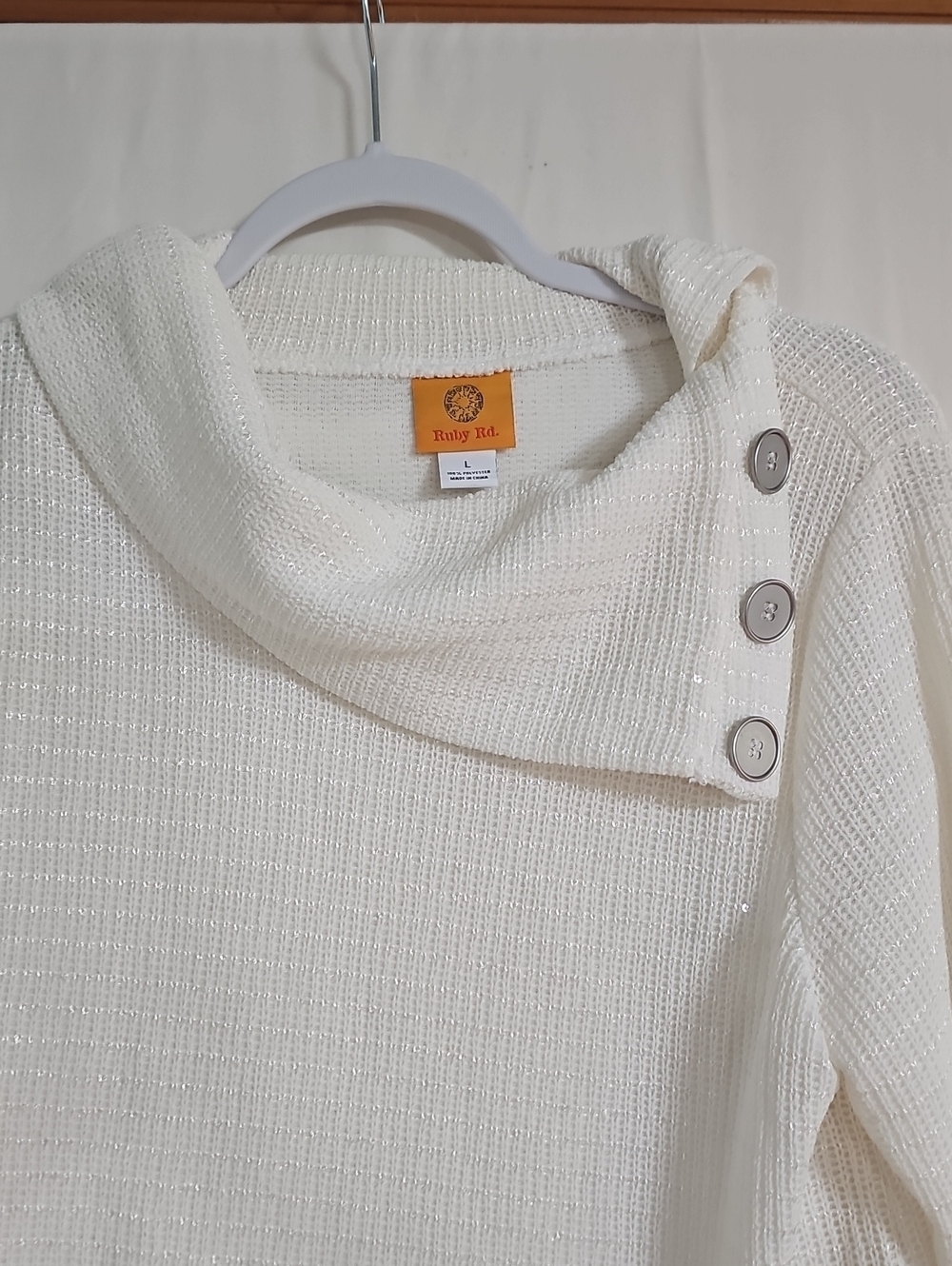 Ruby Rd. White Sparkle Cowl Neck Sweater with Button Accents - Picture 3 of 7